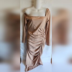 ASTR The Label Ruched Off-Shoulder Midi Dress | Pink Nude | Size L | NWT
